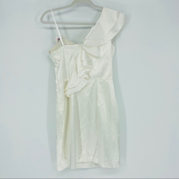 Hailey Logan Adrianna Papell White Cream One Shoulder Satin Ruffle Dress Large - Picture 4 of 10
